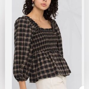 GANNI Checked Seersucker puff-sleeve blouse